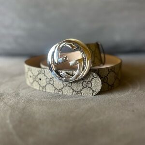 Gucci Beige Double G Belt with Gold Buckle sz 38 w/ FREE Shipping